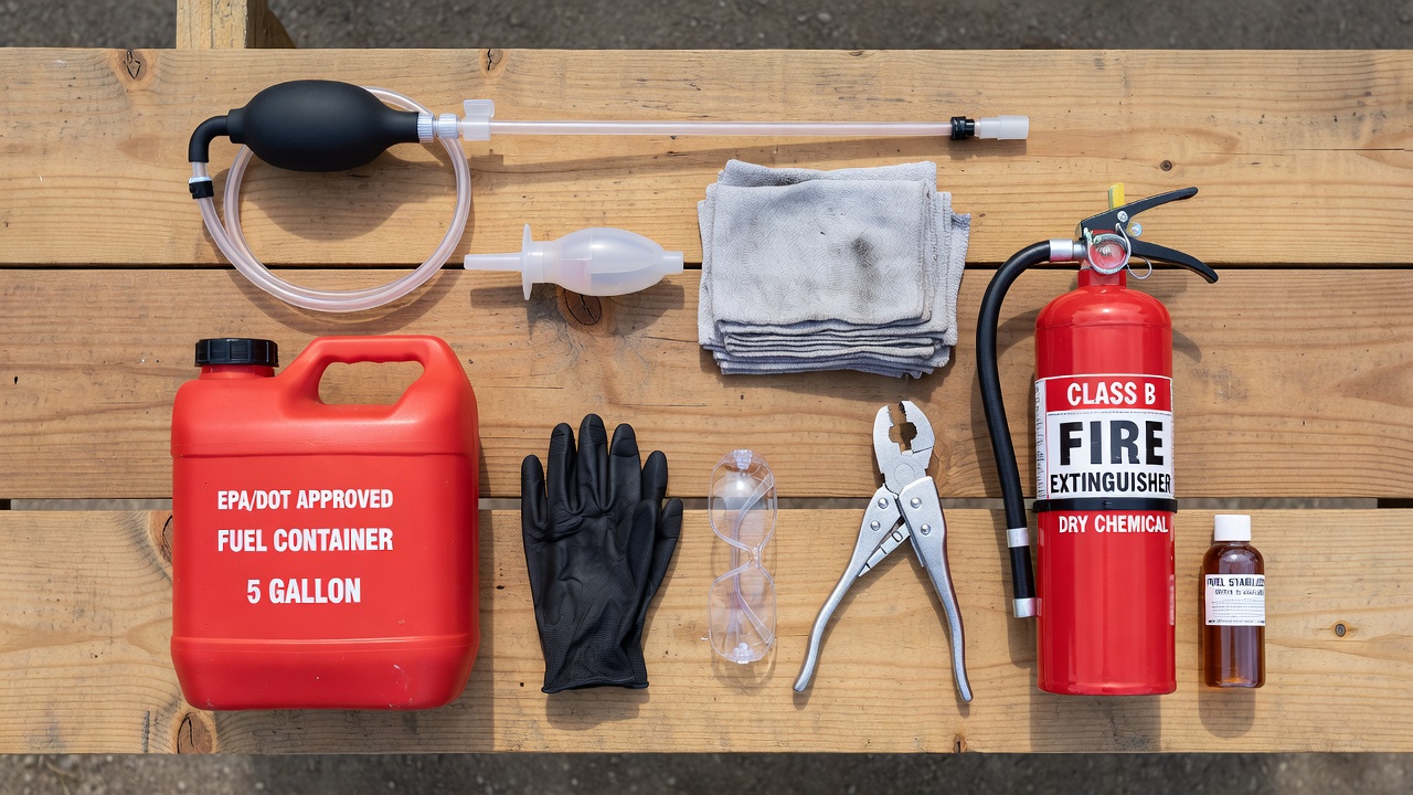 Organized flat-lay of all tools and materials needed to drain a lawn mower gas tank