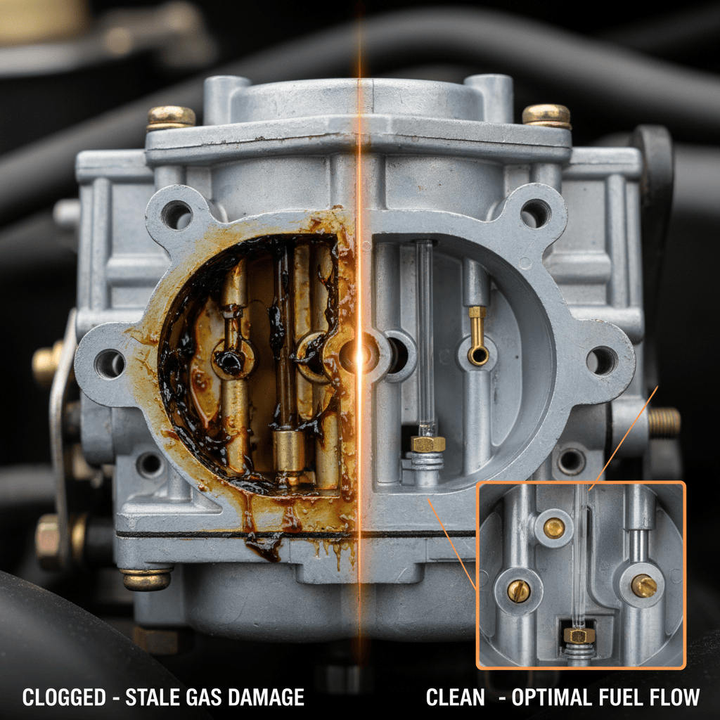 Comparison of a clogged carburetor with varnish deposits versus a clean carburetor