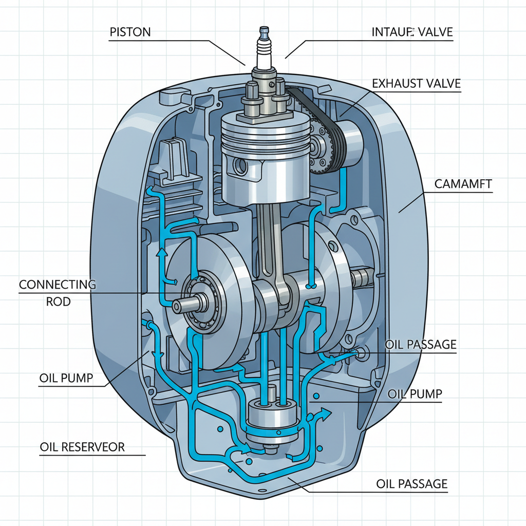 Understanding Your Push Lawn Mower’s Oil System Internal engine diagram showing oil circulation in a four-stroke mower engine