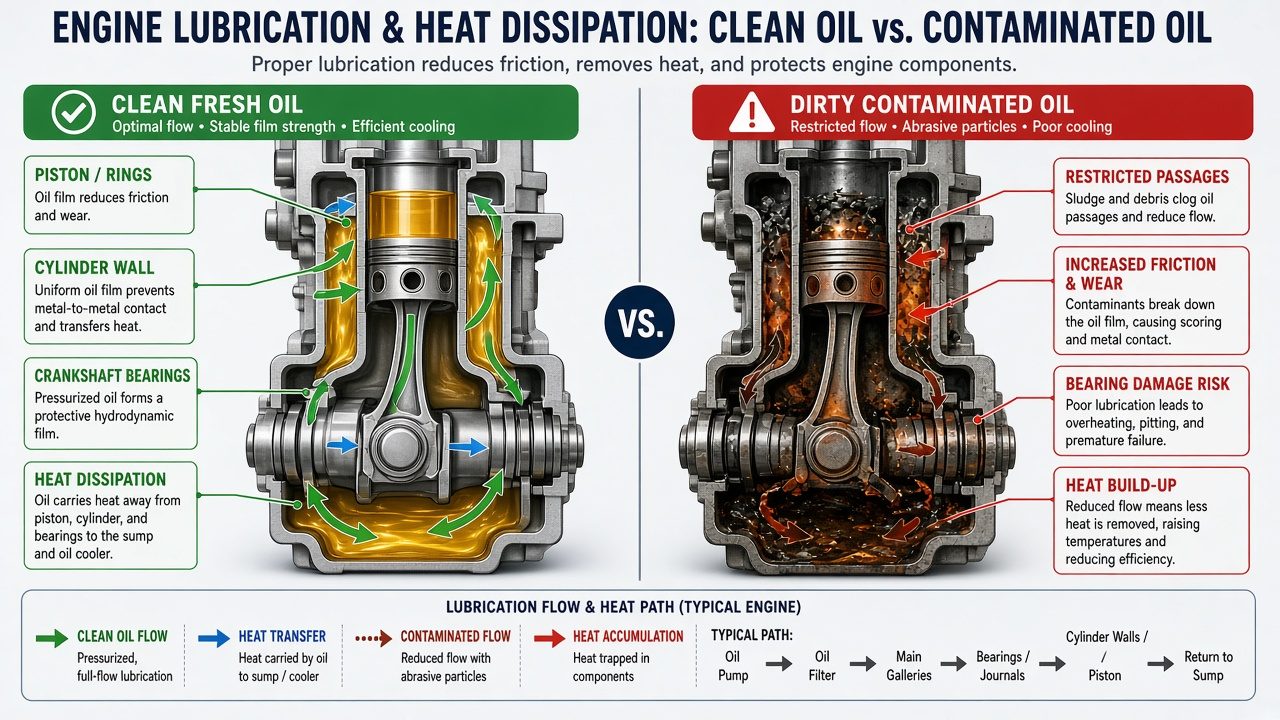 Engine cross-section comparing clean and dirty oil circulation