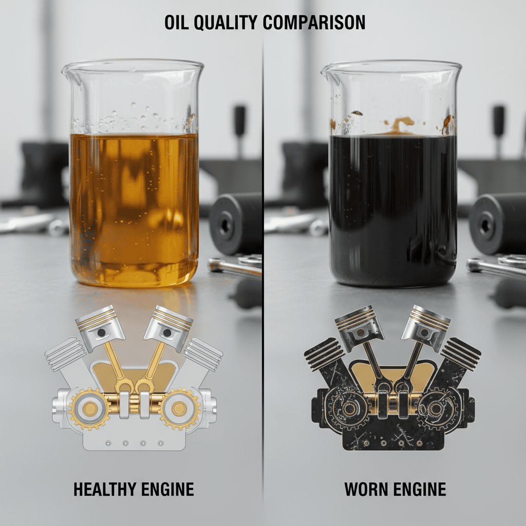 Comparison of clean and degraded engine oil with internal engine wear illustration