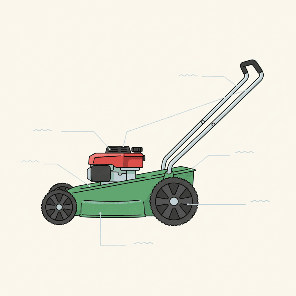 An illustration breaking down the main parts of a lawn mower: the deck, rear wheels, front wheels, handle, and engine block, shown in a clear, diagram-like style.
