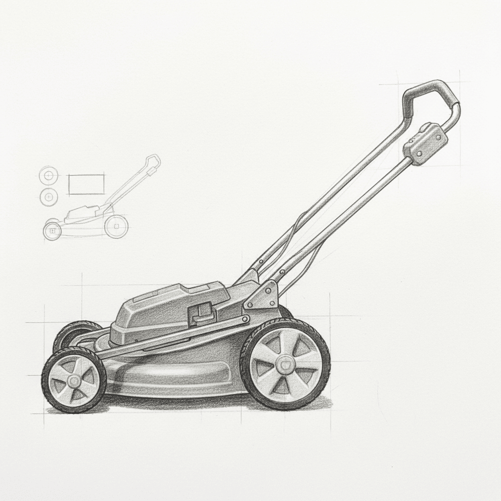 How to Draw a Lawn Mower: A Step-by-Step Guide for Beginners Finished graphite sketch of a push lawn mower with faint construction guide lines on a sketchbook page.