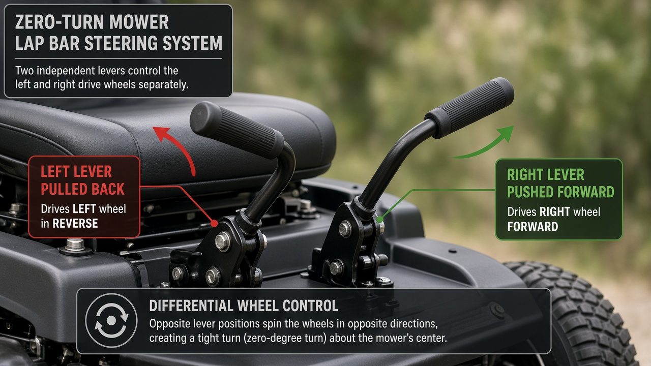 Zero turn mower lap bar steering levers in different positions showing turning control