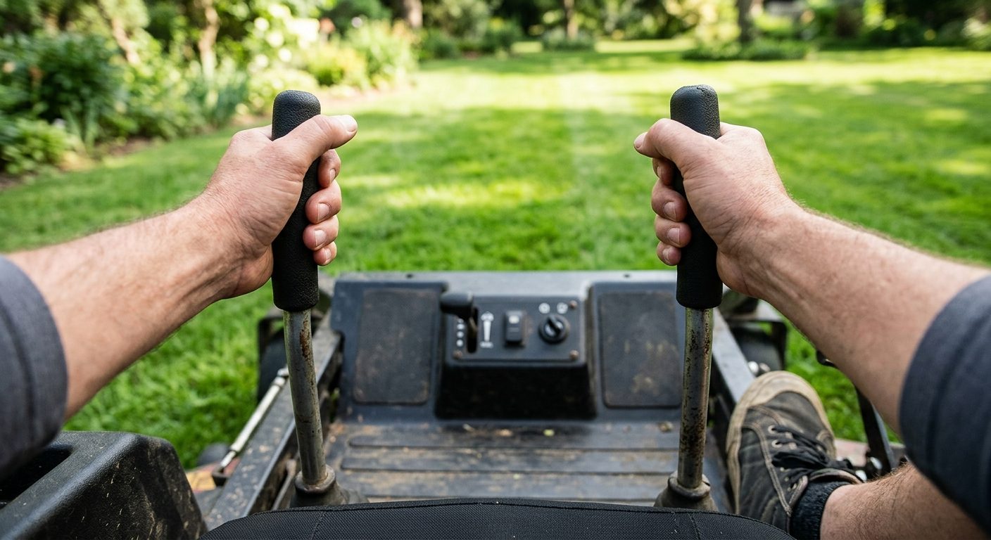 How to Drive a Zero Turn Mower: A Step-by-Step Beginner's Guide (Lap Bar Controls Explained) Close-up of hands on the twin lap bars of a zero-turn mower with no steering wheel visible