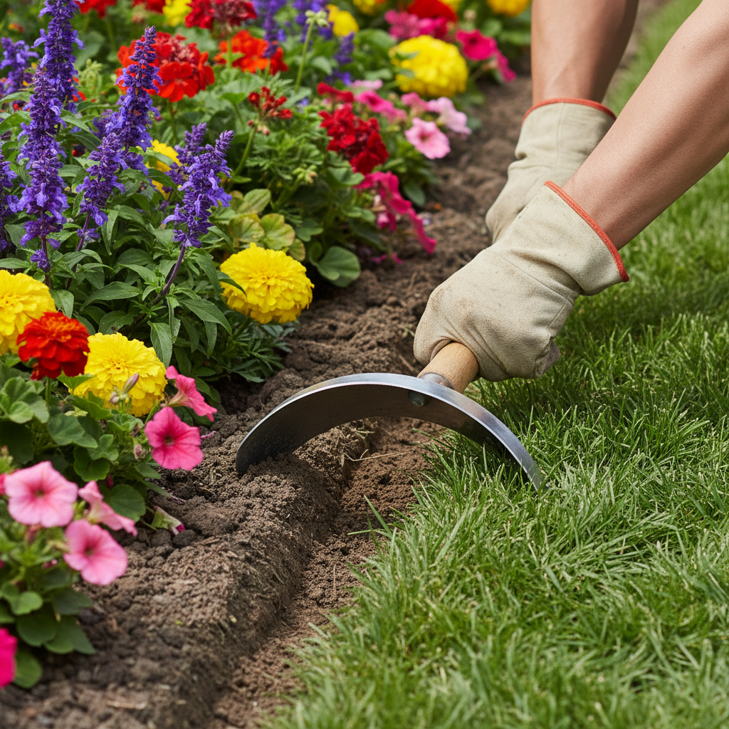 Hands cutting a clean edge into turf with a half-moon edger along a flower bed