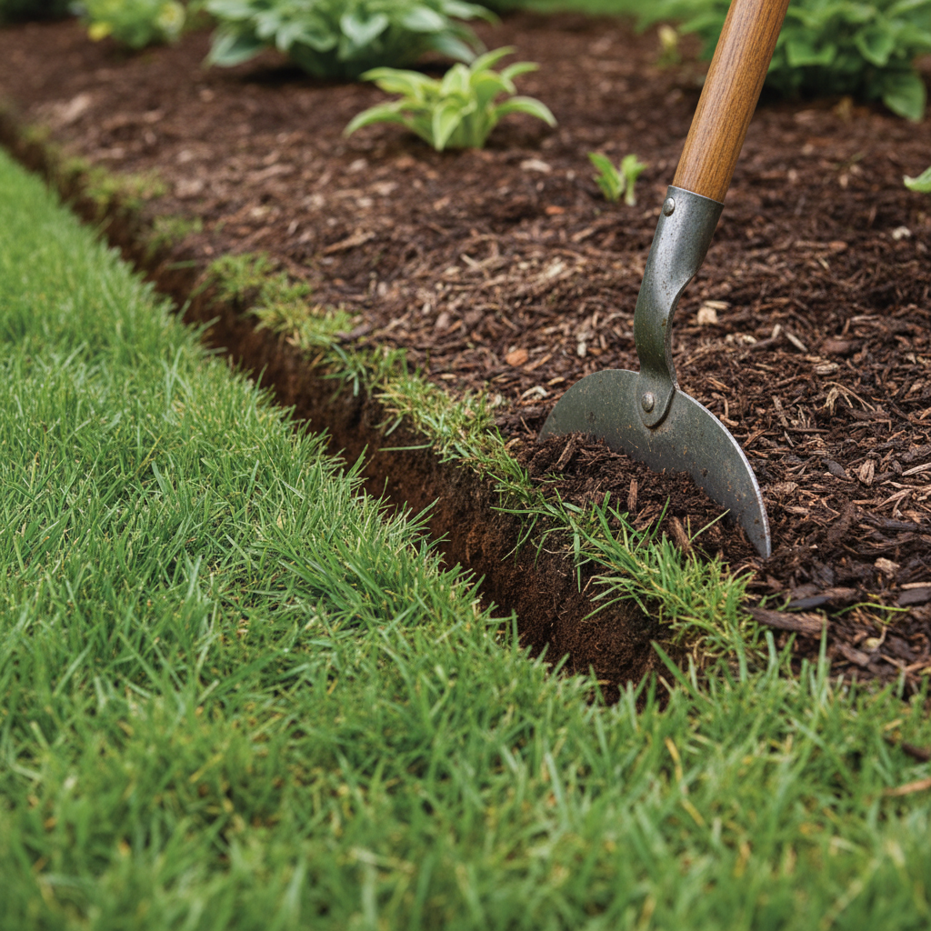 What Is the Direct Answer to Edging a Garden Bed? Close-up of a freshly cut trench edge between a garden bed and lawn with a half-moon edger nearby