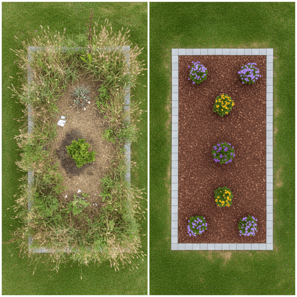 Before and after comparison of garden edging effectiveness