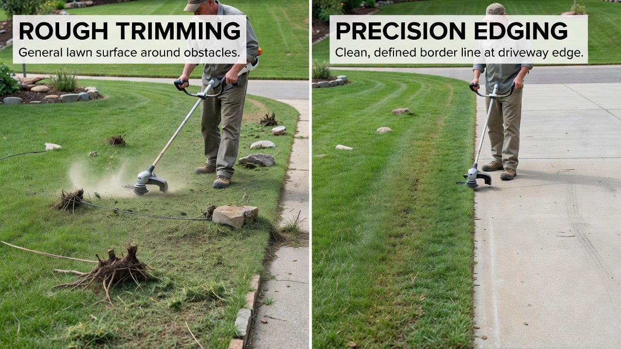 Visual comparison of general trimming versus lawn edging techniques