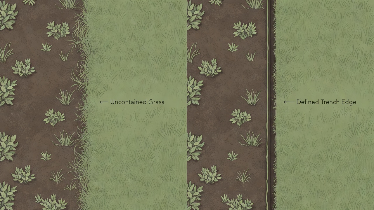 Visual comparison showing the difference between an un-edged lawn border and a cleanly edged mulch bed boundary.