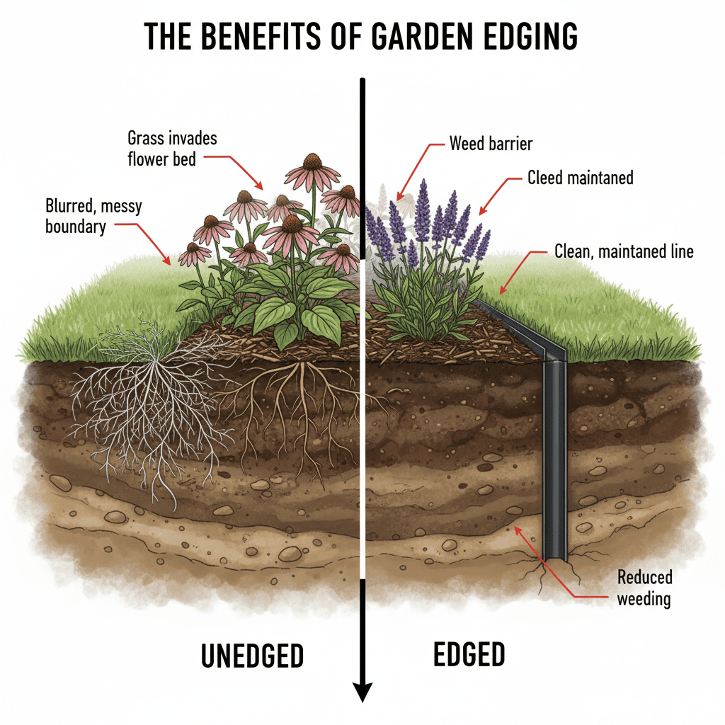Understanding Flower Bed Edging: Why It Matters Cross-section comparison of an unedged flower bed with grass creep versus a properly edged bed with clean borders