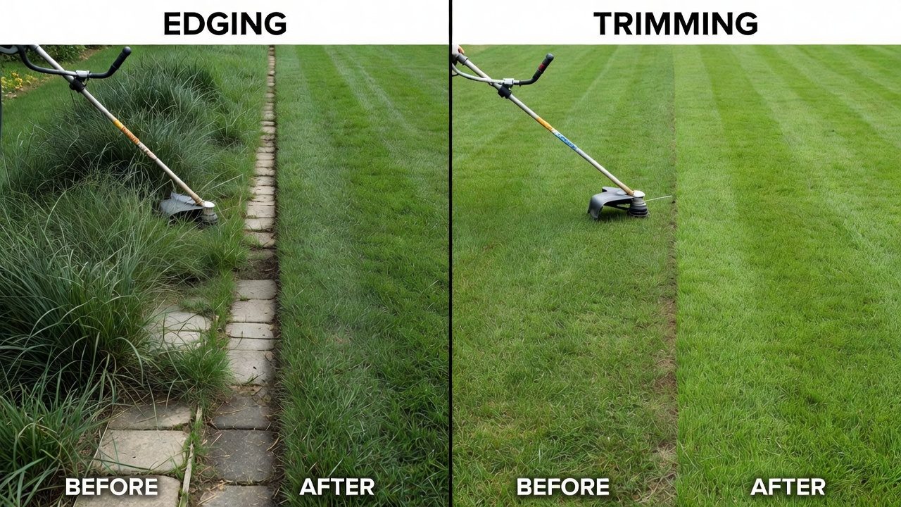 Side-by-side comparison of vertical edging technique versus horizontal trimming across a lawn