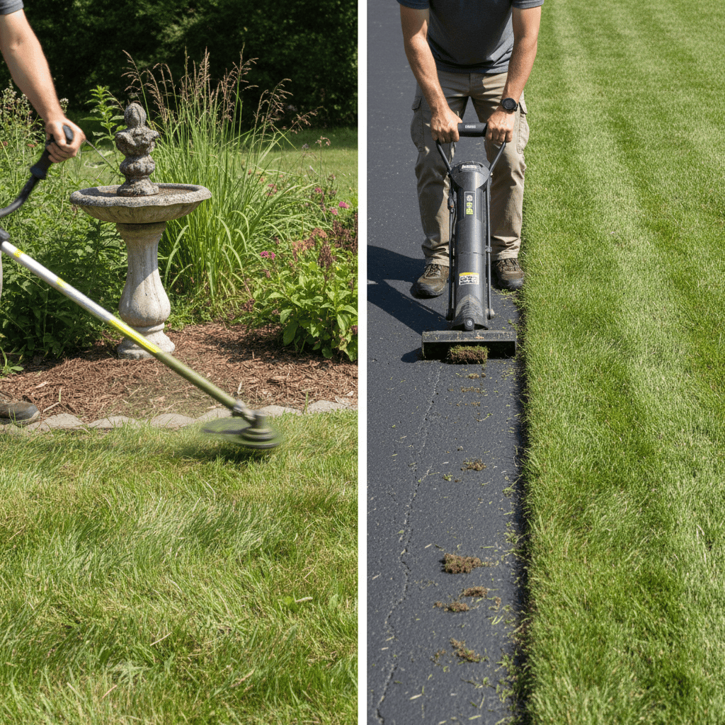 Comparison of general trimming techniques versus precision edging along lawn borders