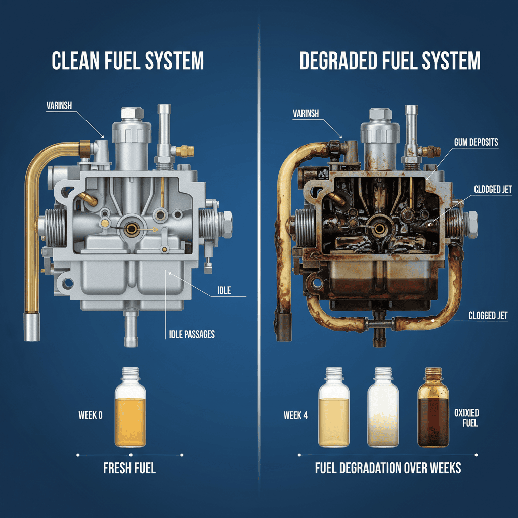 Comparison of clean vs degraded fuel system showing varnish buildup