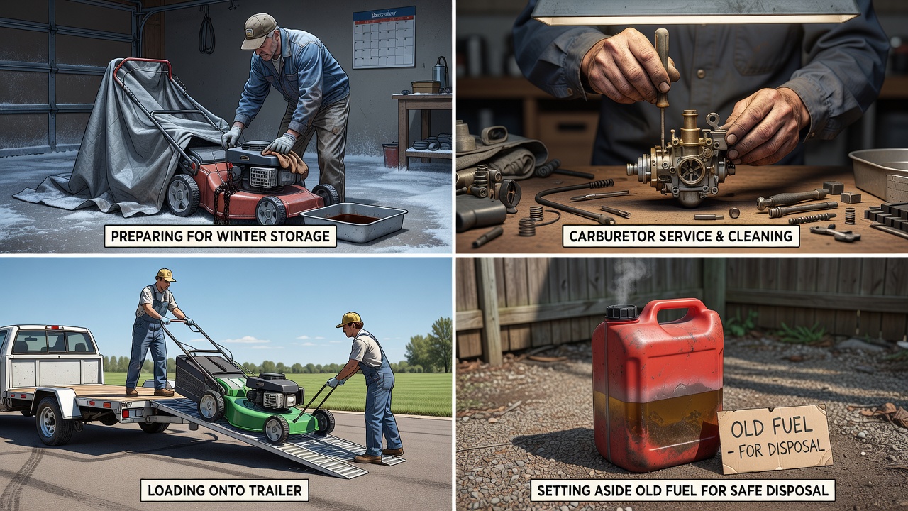 Four reasons to empty a lawn mower gas tank: winterization, repairs, transport, and stale fuel removal