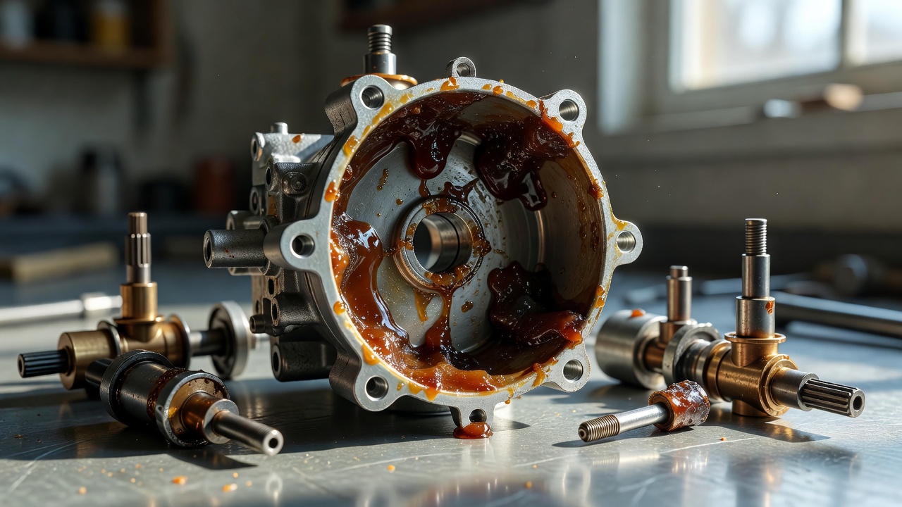 Disassembled lawn mower carburetor bowl showing brown varnish deposits caused by stale gasoline