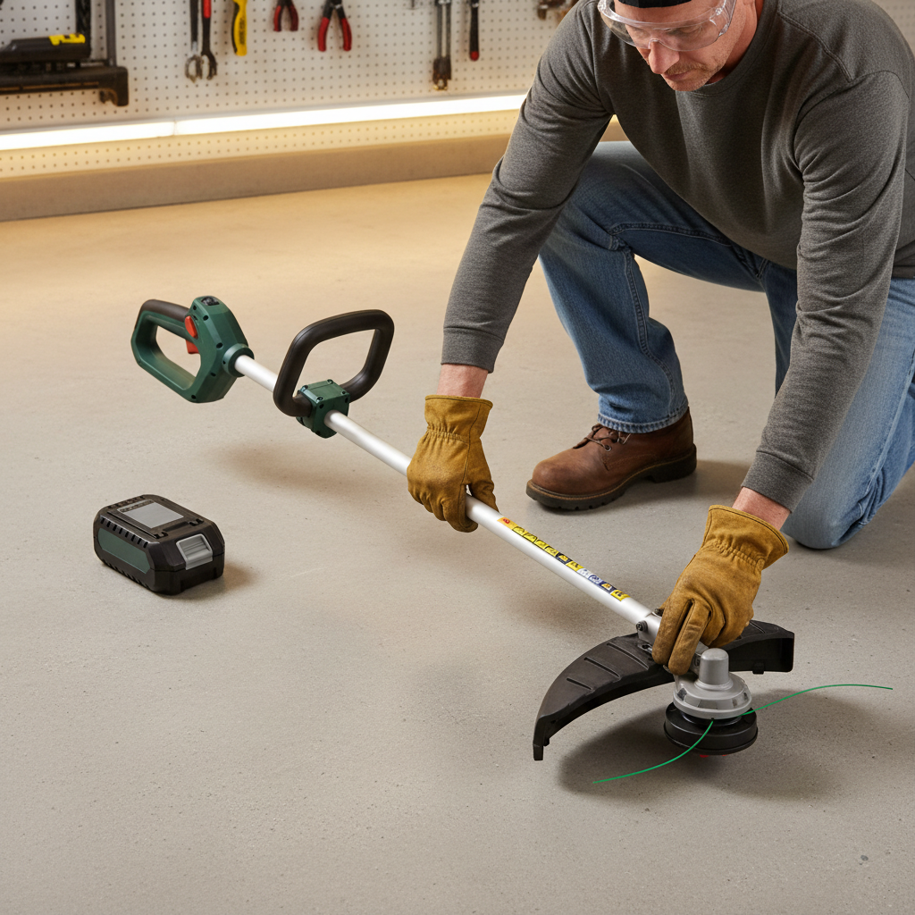 Person in gloves and safety glasses inspecting a stopped cordless trimmer with the battery removed
