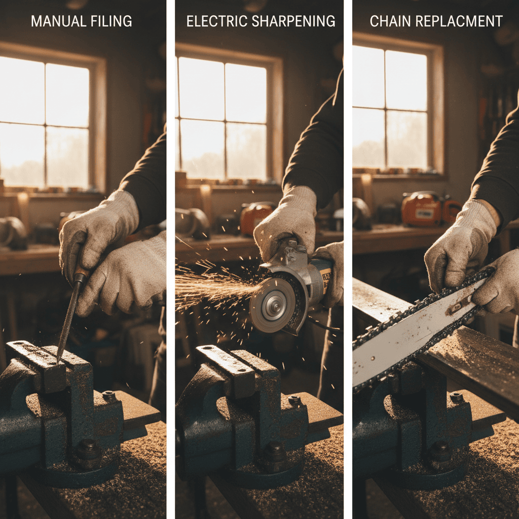 Comparison of hand filing, electric grinding, and chain replacement methods
