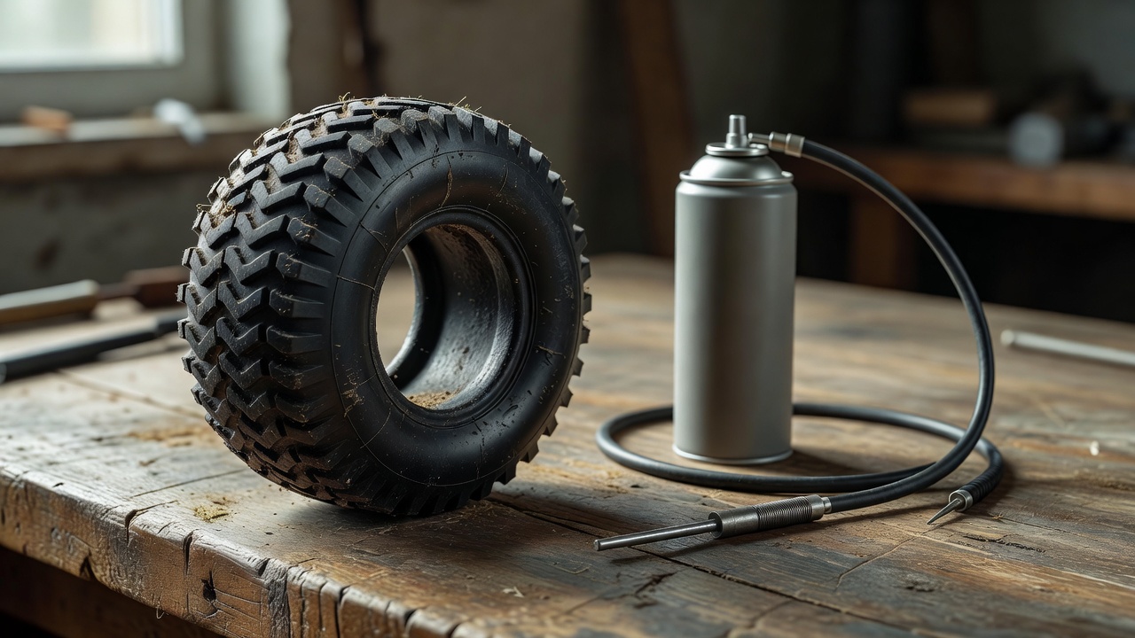 Lawn mower tire on a workbench with foam sealant kit and tools.
