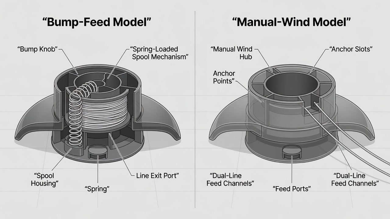 Comparison of bump-feed and manual-wind strimmer head types
