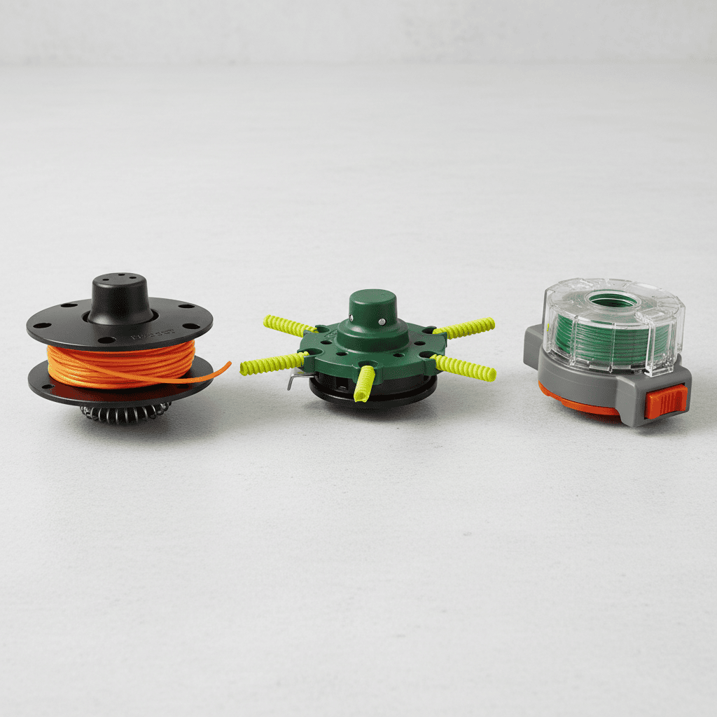 Three types of trimmer heads: bump feed, fixed line, and auto-feed.