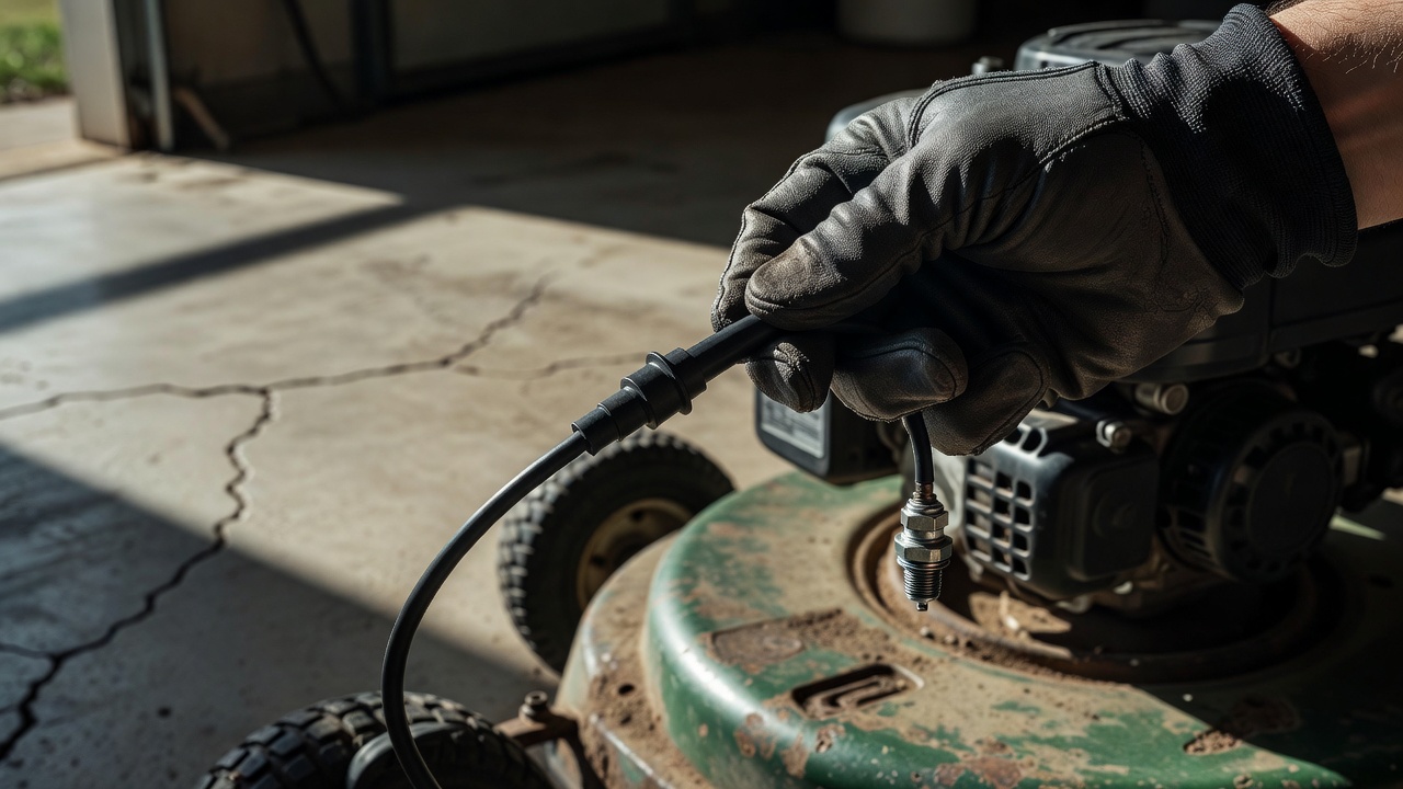 How to Fix a Craftsman Lawn Mower: Complete Troubleshooting & Repair Guide Gloved hand disconnecting spark plug wire boot from a lawn mower engine before repair