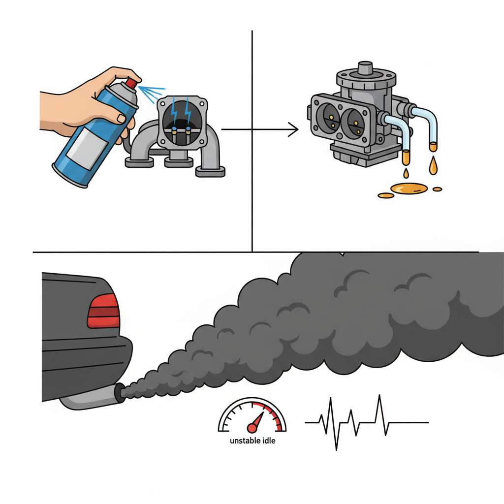Visual diagnostic indicators for carburetor problems including cleaner spray test and fuel leakage
