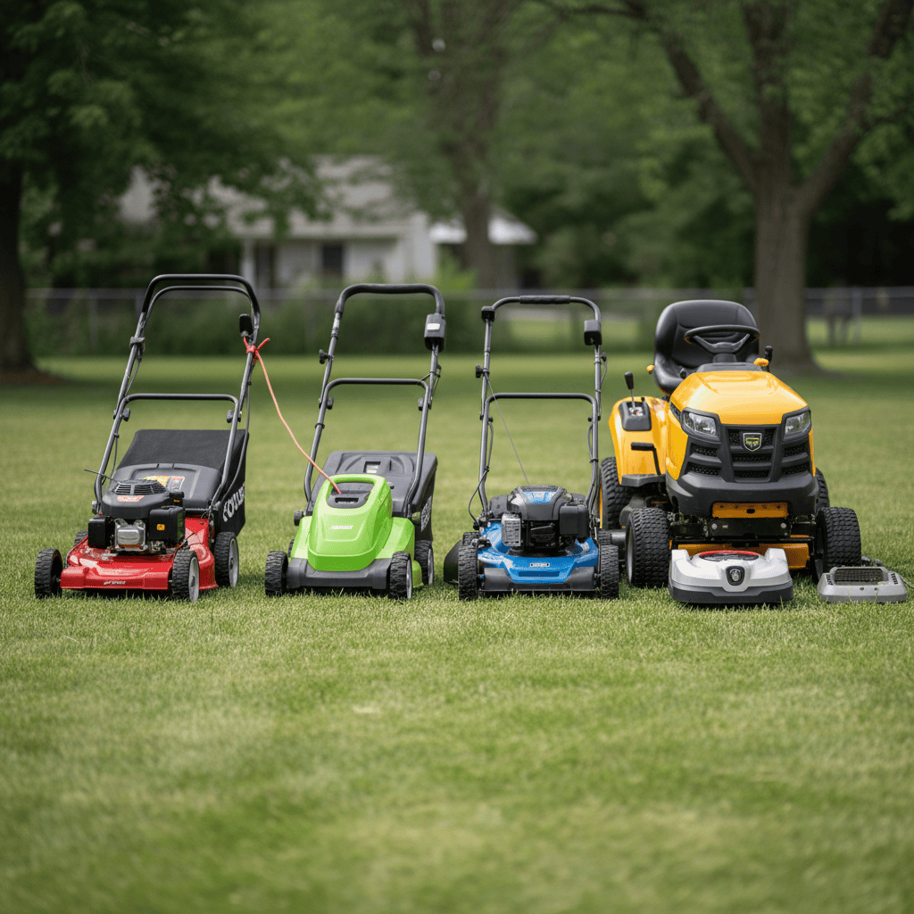 Comparison of five lawn mower types: gas push, corded electric, battery-powered, riding, and robotic