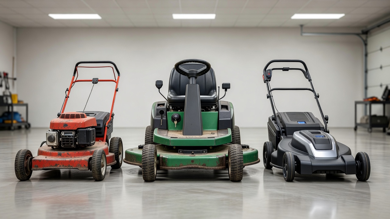 How to Fix a Lawn Mower That Will Not Start: A Step-by-Step Troubleshooting Guide Three types of lawn mowers side by side: gas pull-start push mower, gas riding mower, and battery-powered mower