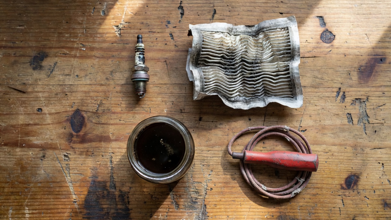 Flat-lay of a fouled spark plug, dirty air filter, dark stale gasoline, and worn pull-cord handle on a wooden workbench