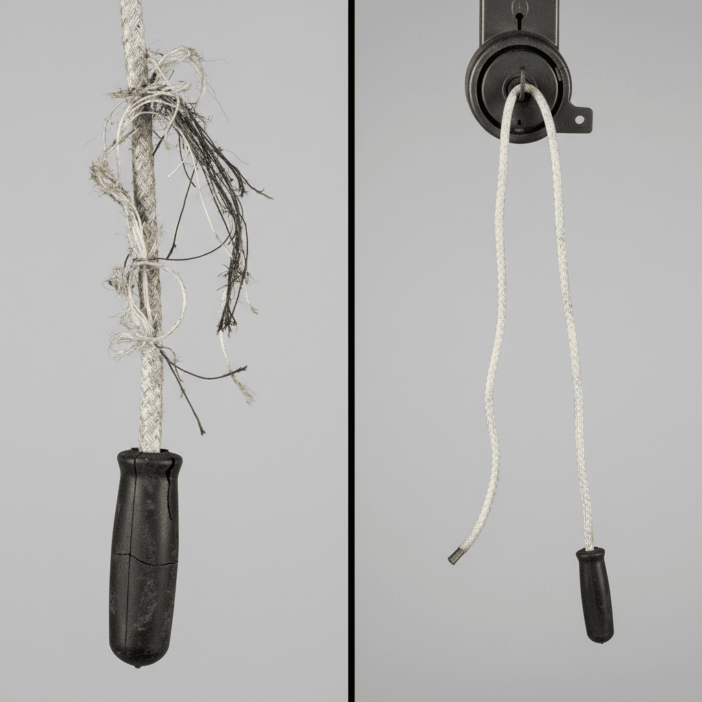 Comparison of a broken lawn mower pull cord versus a non-retracting cord.