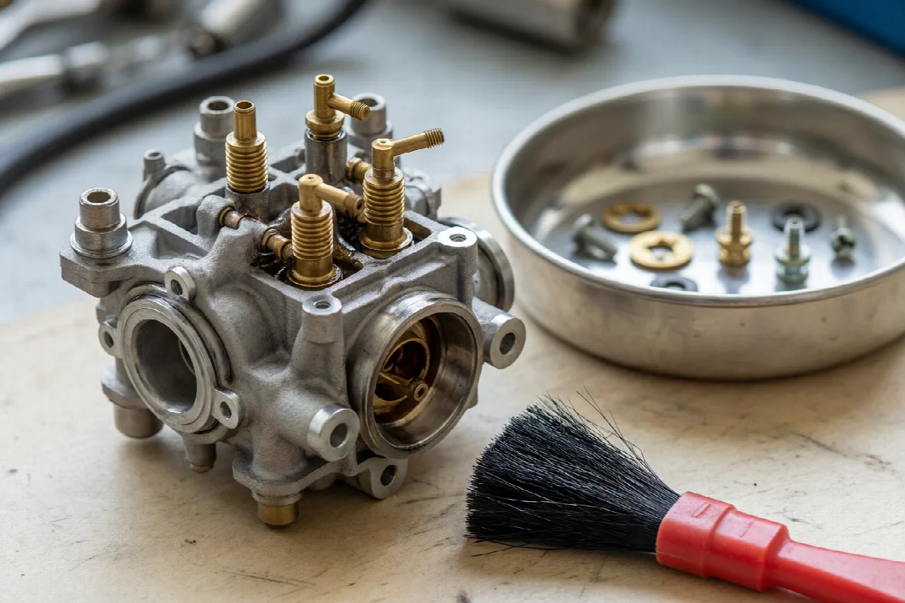 Close-up of a small engine carburetor being cleaned on a workbench