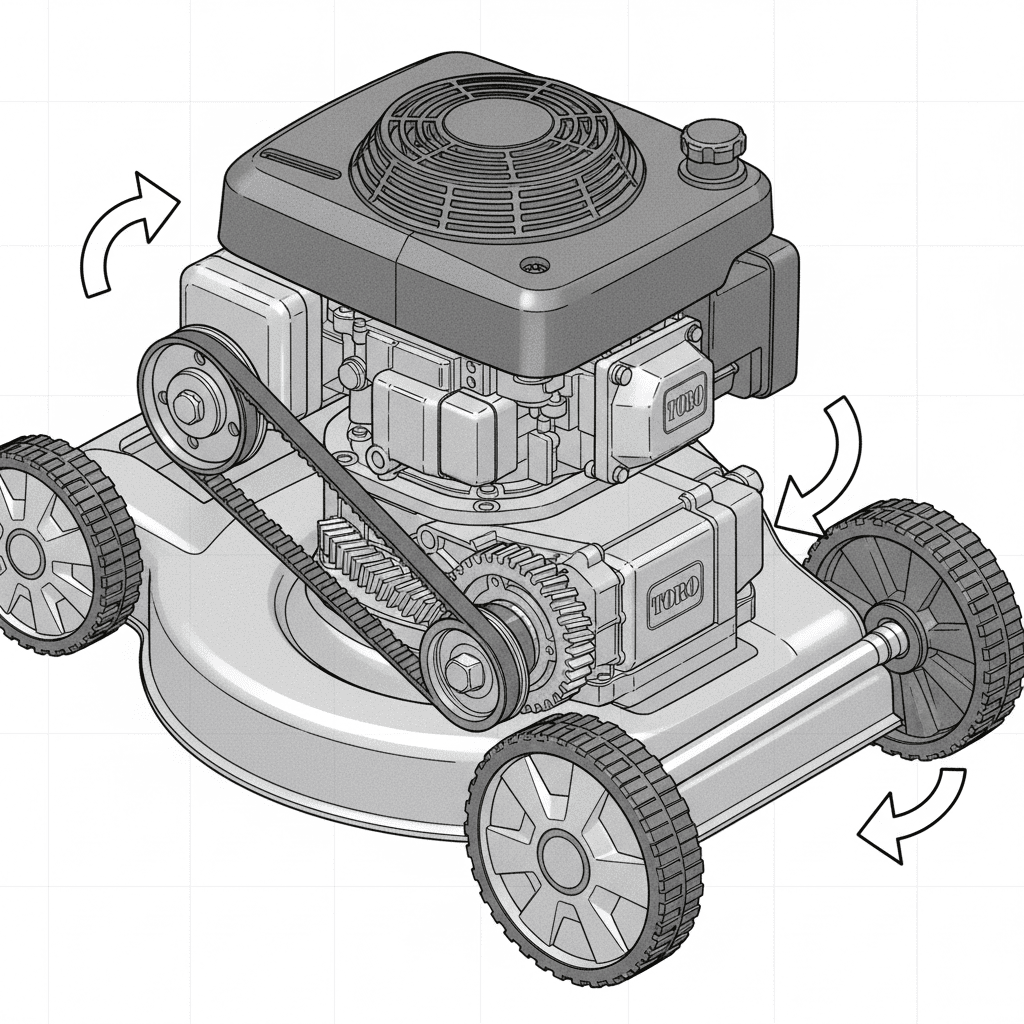 Internal components of a Toro self-propelled mower drive system
