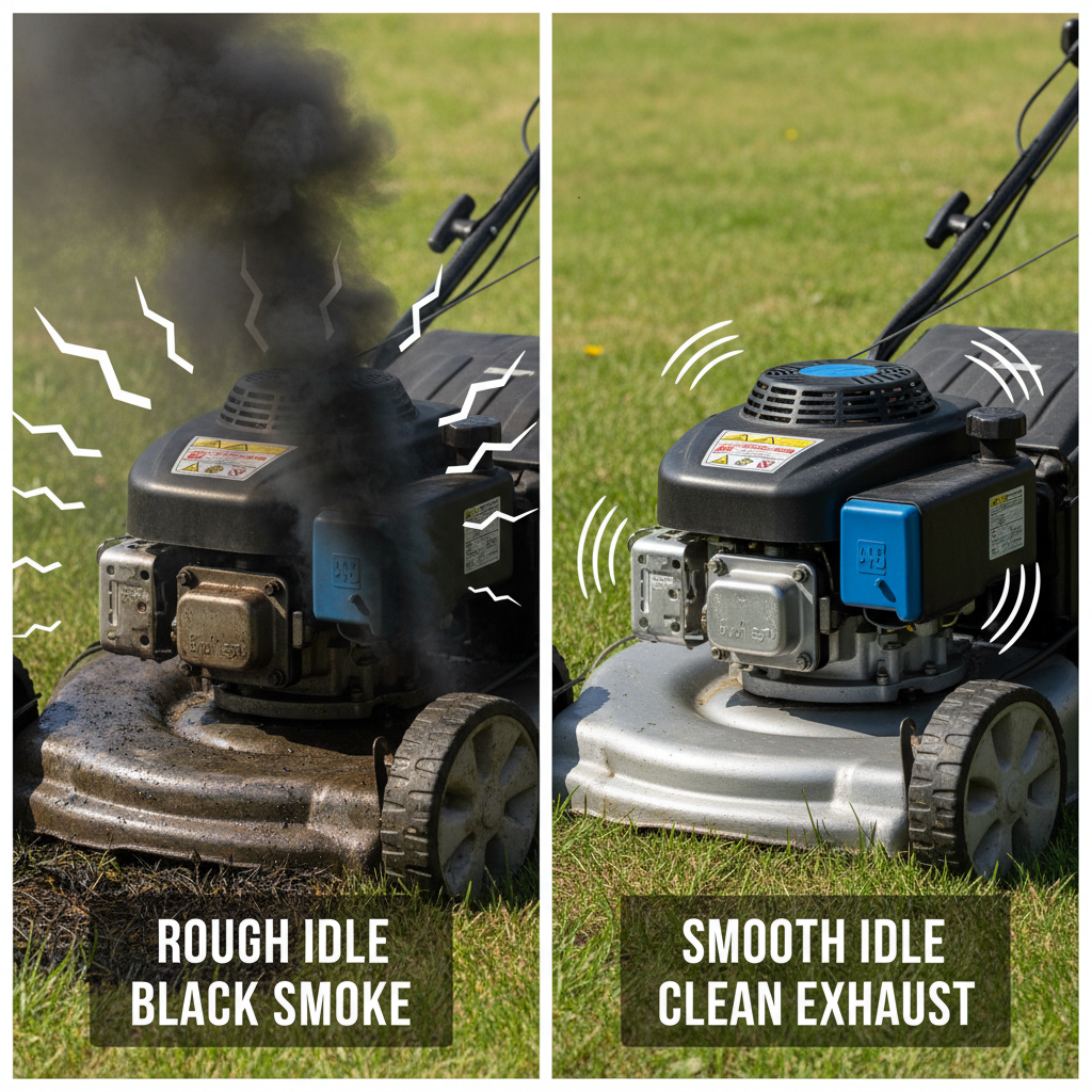 Lawn mower showing carburetor failure symptoms: black exhaust smoke and rough idle compared to normal operation