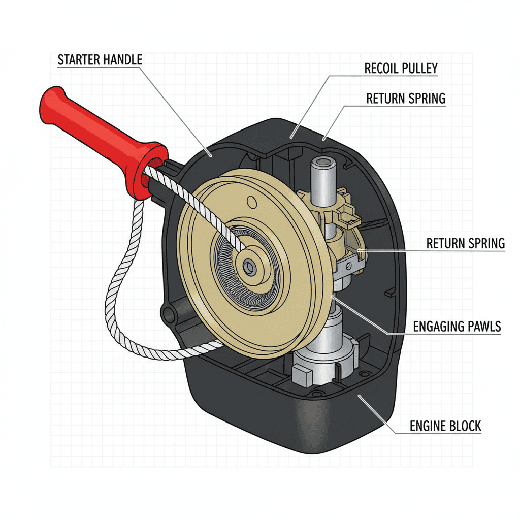 How to Fix the Pull Cord on a Lawn Mower? (Step-by-Step Repair Guide) Cross-section diagram of lawn mower pull cord and recoil starter system