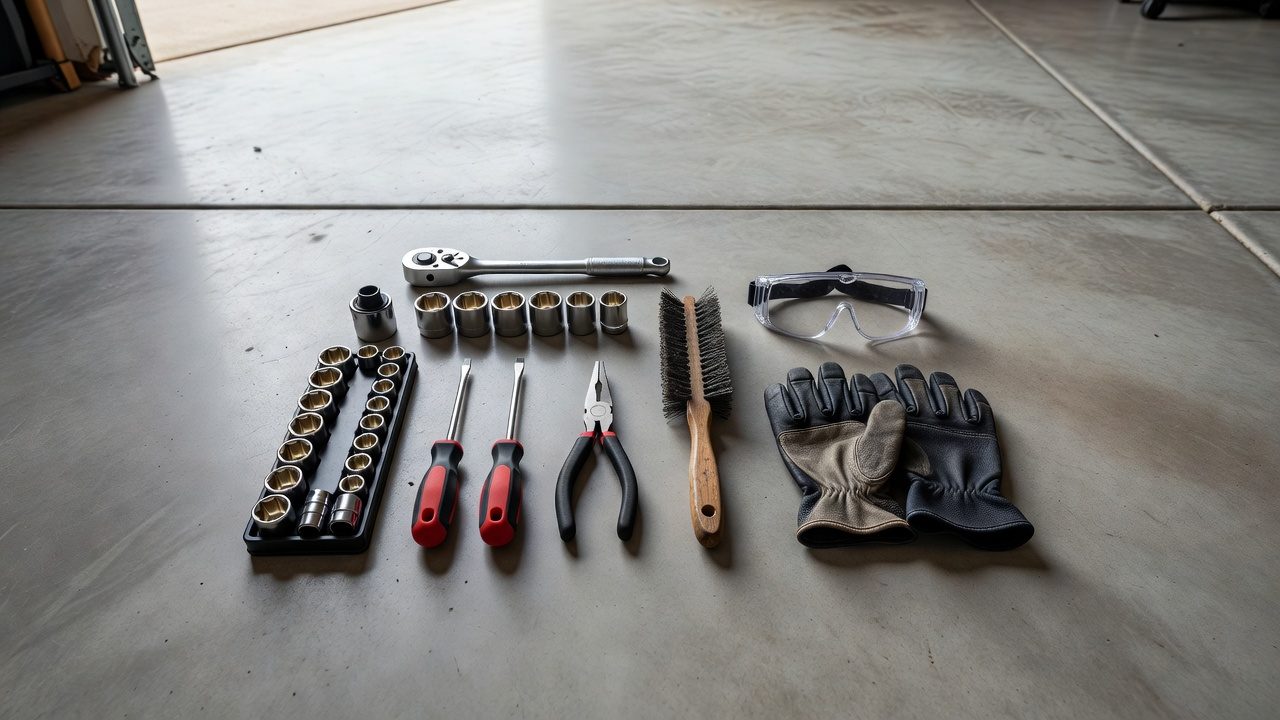 Overhead flat-lay of lawn mower repair tools including socket set, spark plug socket, screwdrivers, pliers, and safety gloves on concrete floor
