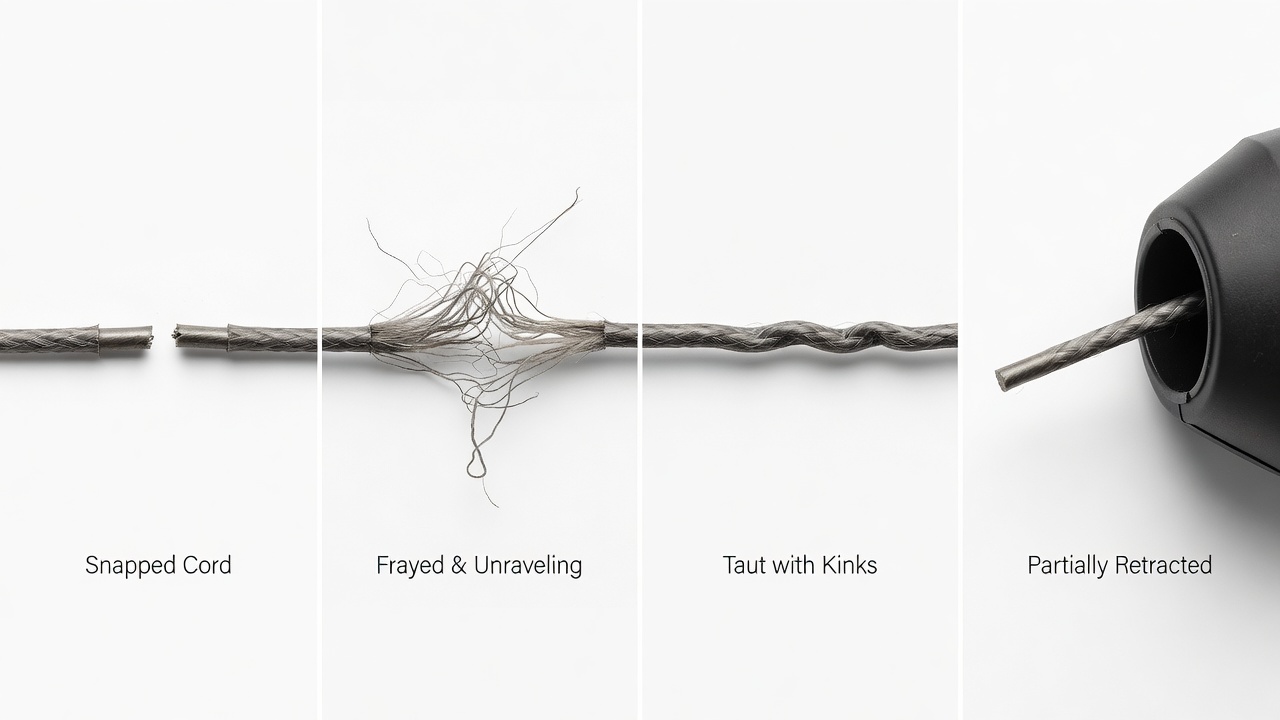 Four types of pull cord damage: snapped, frayed, kinked, and stuck