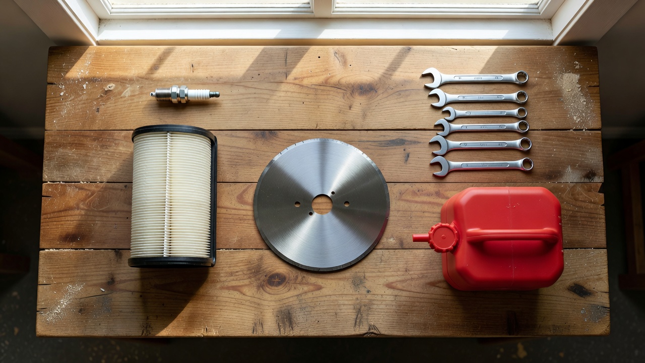 Lawn mower repair parts including spark plug, air filter, and blade arranged on a workbench