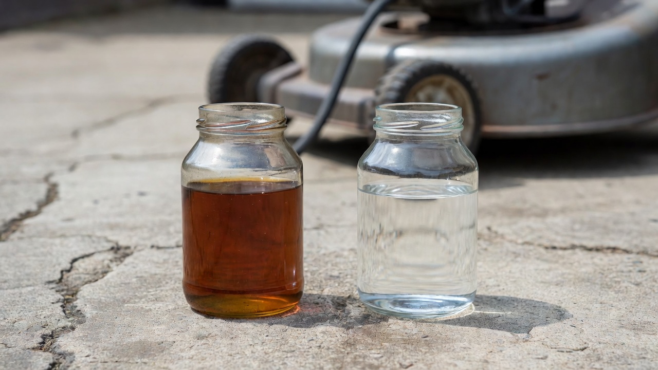 Comparison of old amber-colored gasoline and fresh clear gasoline in containers next to a lawn mower.