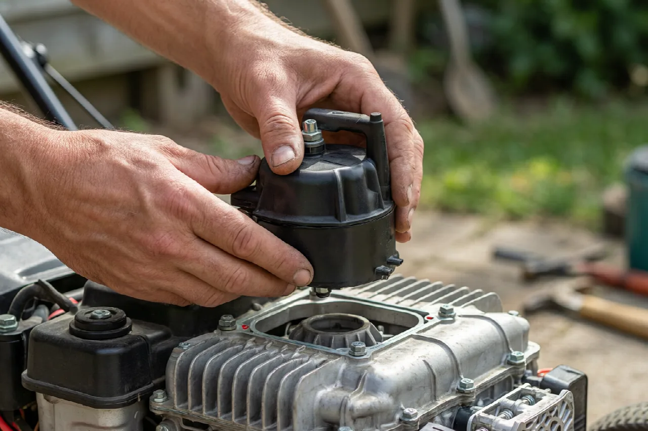 How to Fix Lawn Mower Pull Cord Stuck Hands removing the recoil starter assembly from a lawn mower engine
