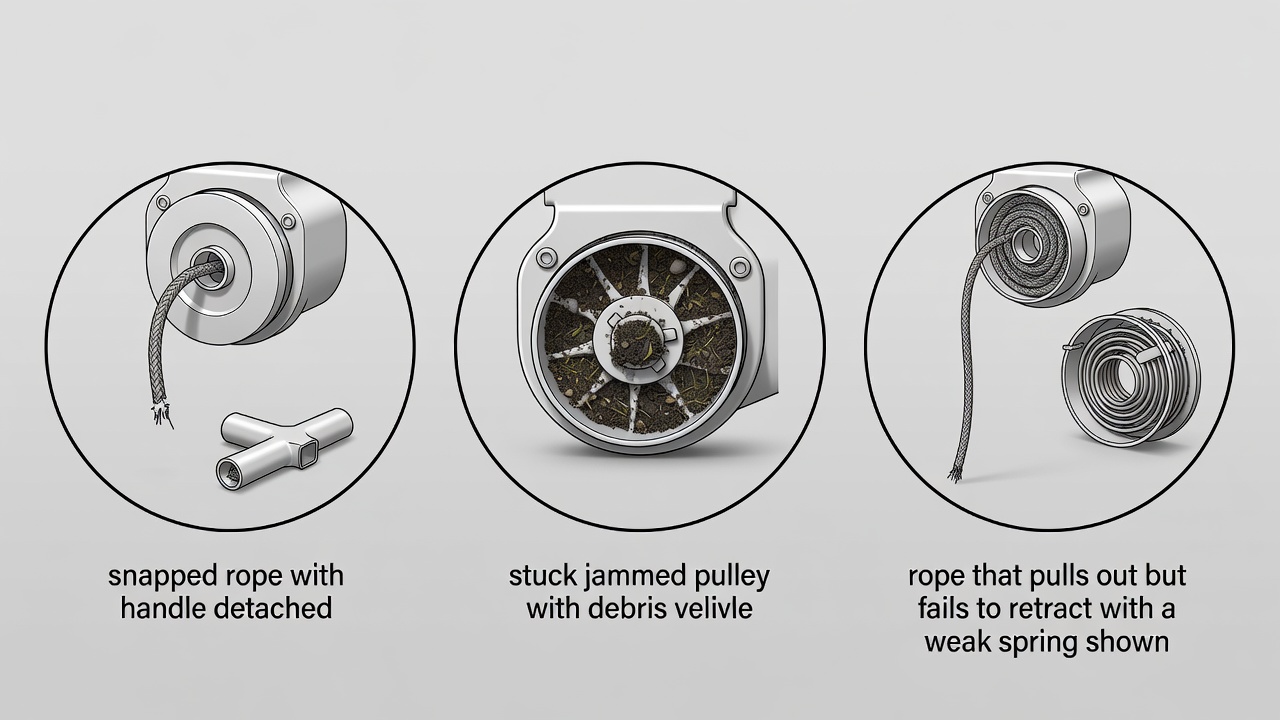 How to Fix a Pull String on a Lawn Mower: Step-by-Step Repair Guide Three common pull string problems shown as illustrative diagrams - broken rope, stuck mechanism, and non-retracting rope scenarios