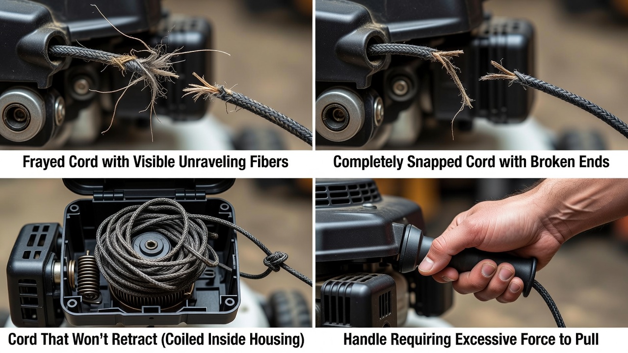 Diagnosing Your Lawn Mower Rip Cord Problem Visual comparison of four types of lawn mower starter cord damage