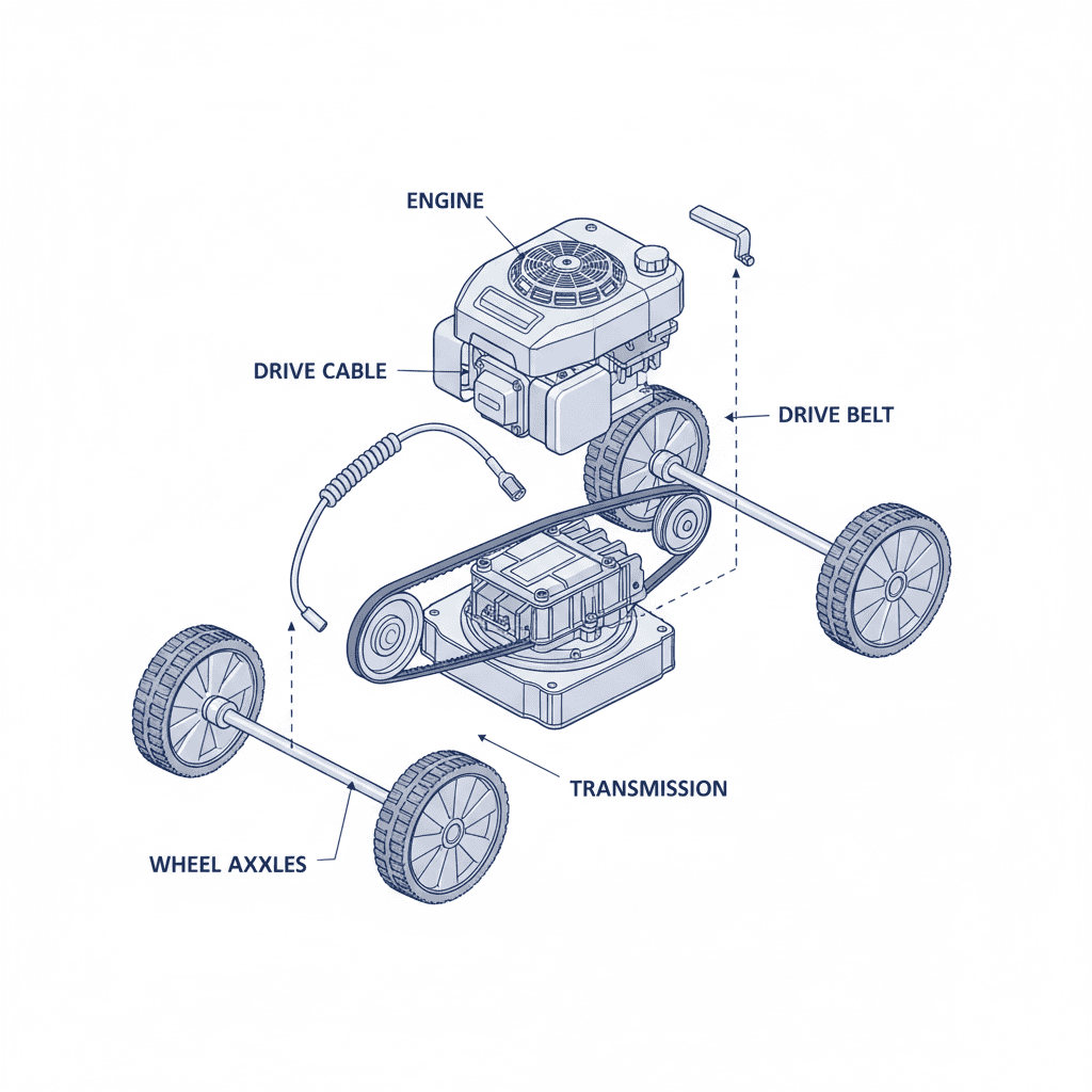 Technical illustration showing the key components of a lawn mower's self-propelled drive system.