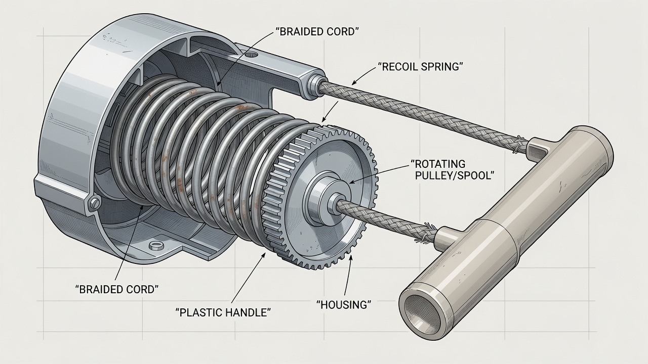 Cutaway diagram of lawn mower pull string system components