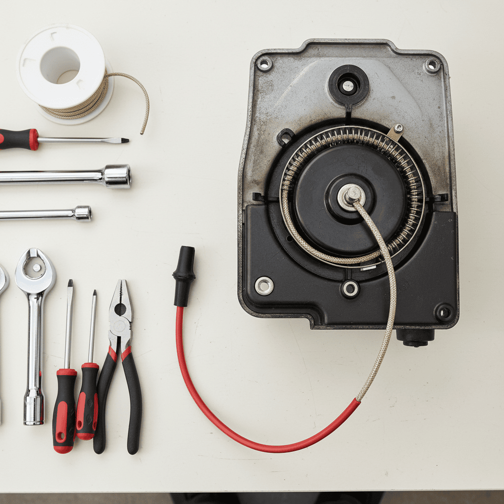 Lawn mower engine with the recoil starter cover removed and repair tools laid out nearby