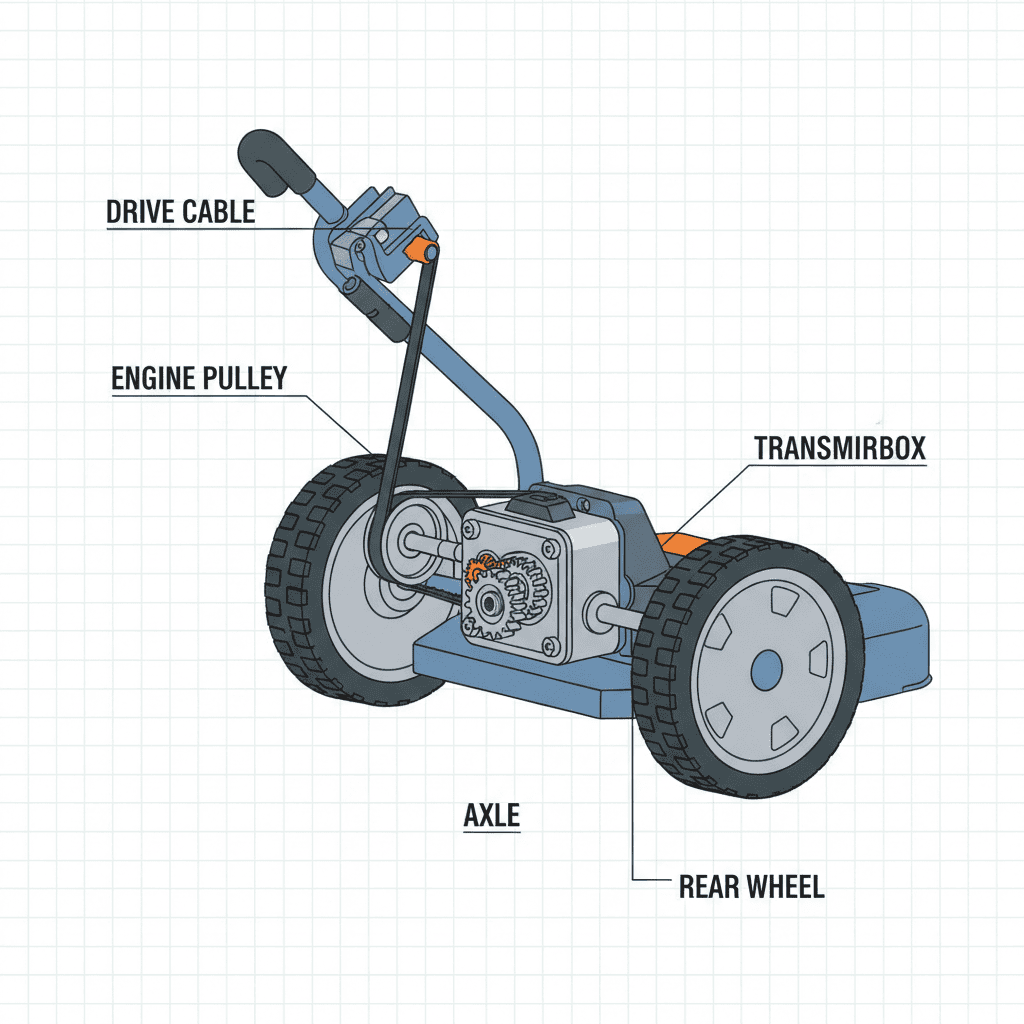 Cutaway view of a self-propelled lawn mower drive system components