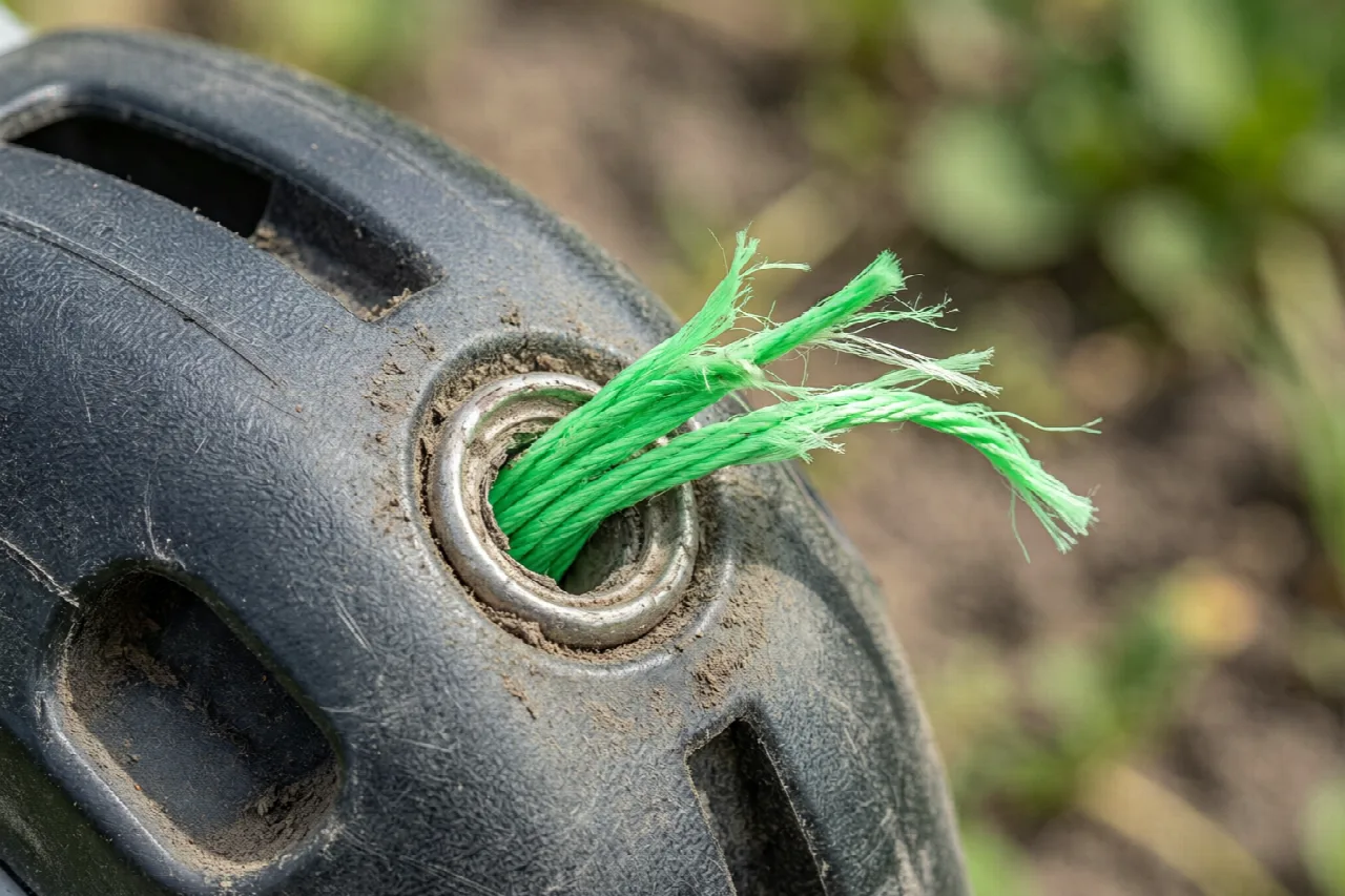 Close-up of frayed and broken weed eater string on a trimmer spool