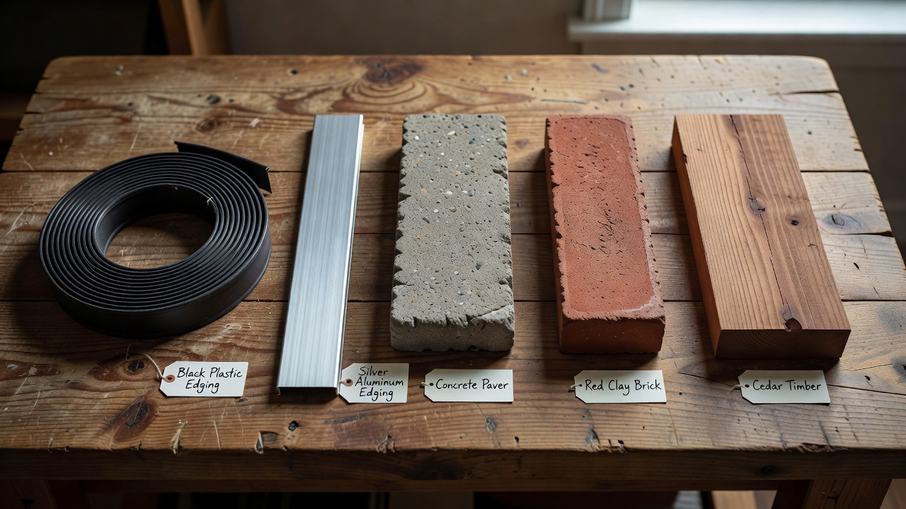 Samples of plastic, metal, stone, brick, and wood edging materials laid out for comparison