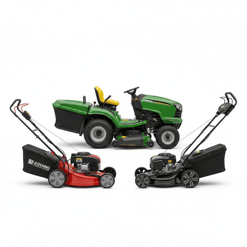 Three types of lawn mowers: gas push, riding, and electric models