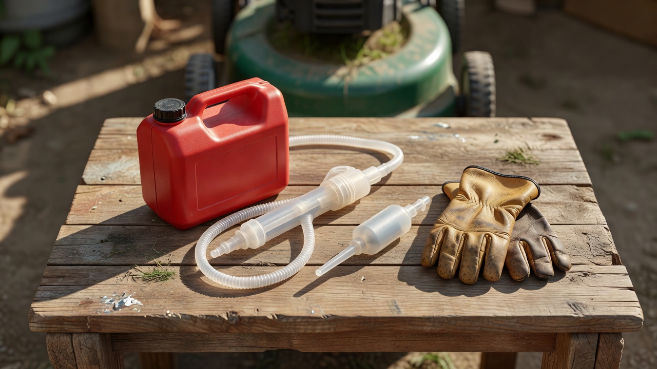 Flat lay of fuel removal tools including a siphon pump, turkey baster, and fuel container beside a lawn mower.